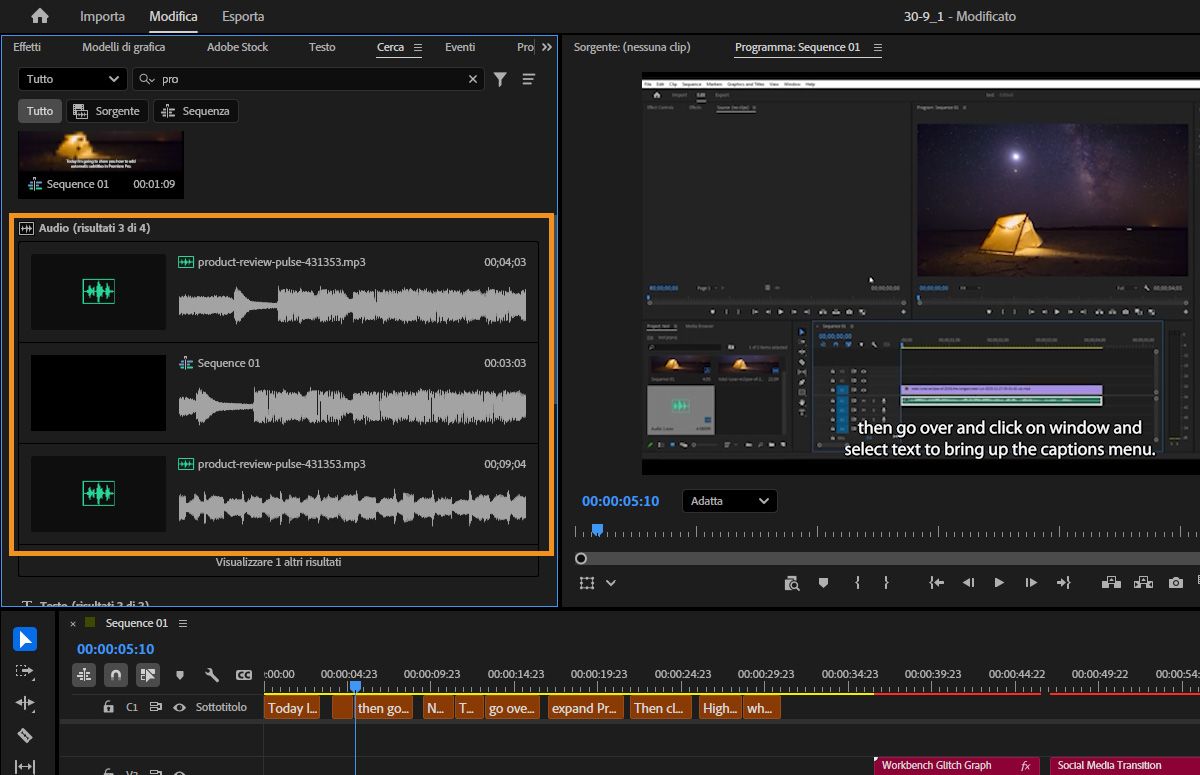 Pannello di ricerca in Premiere che mostra i clip che corrispondono alla query di ricerca audio.