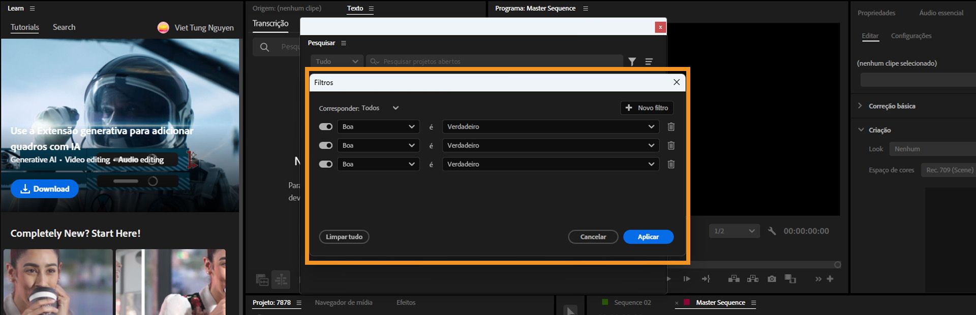 A interface mostra a janela Filtros que abre as opções de filtragem avançadas na janela de pesquisa.