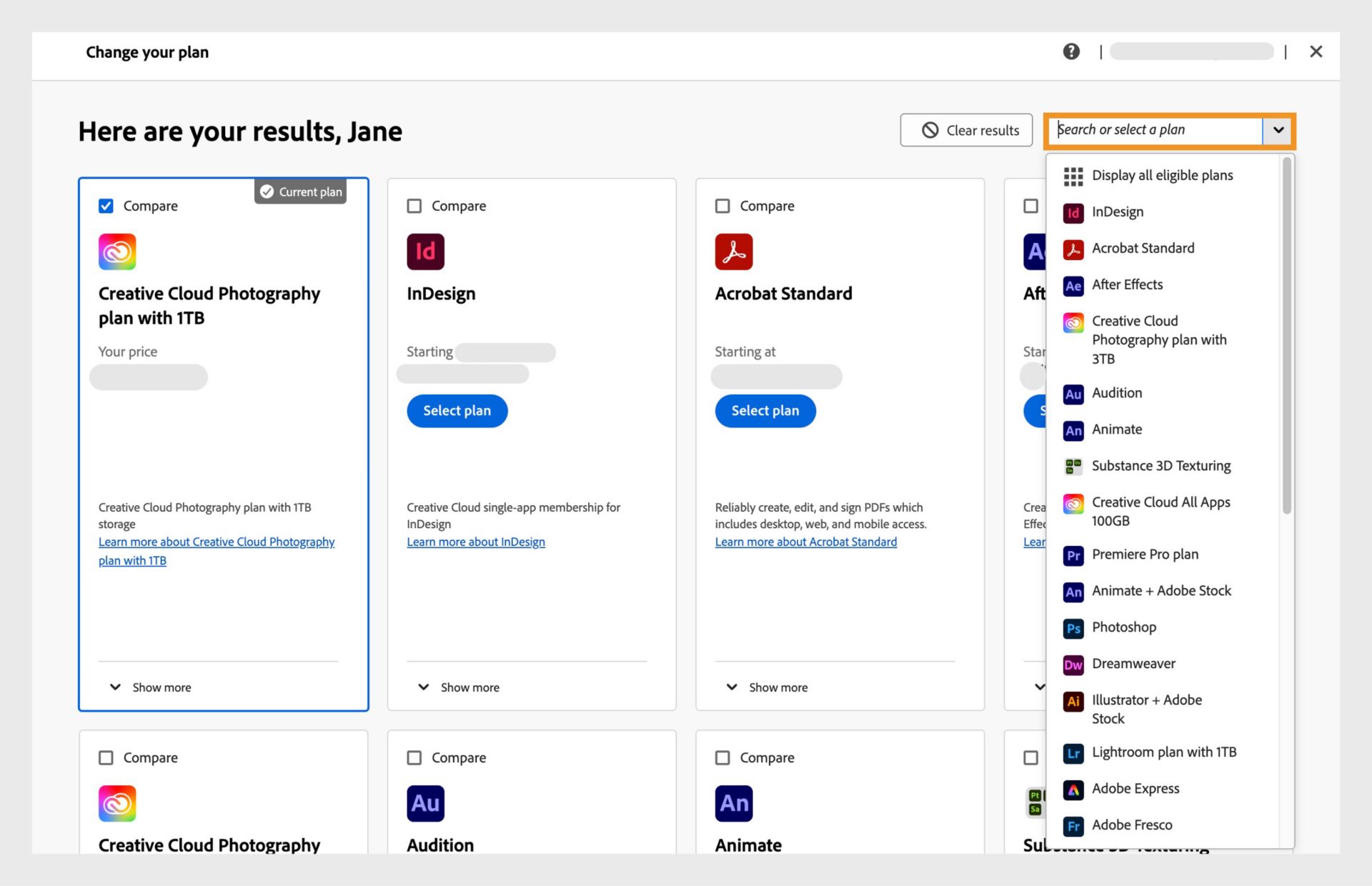 A janela Alterar seu plano mostra o plano atual, alguns planos recomendados e opções para selecionar um plano, comparar planos, mostrar mais recomendações, pesquisar um plano e selecionar um plano usando um menu suspenso. 