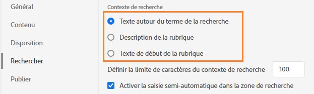 Options pour le contexte de recherche