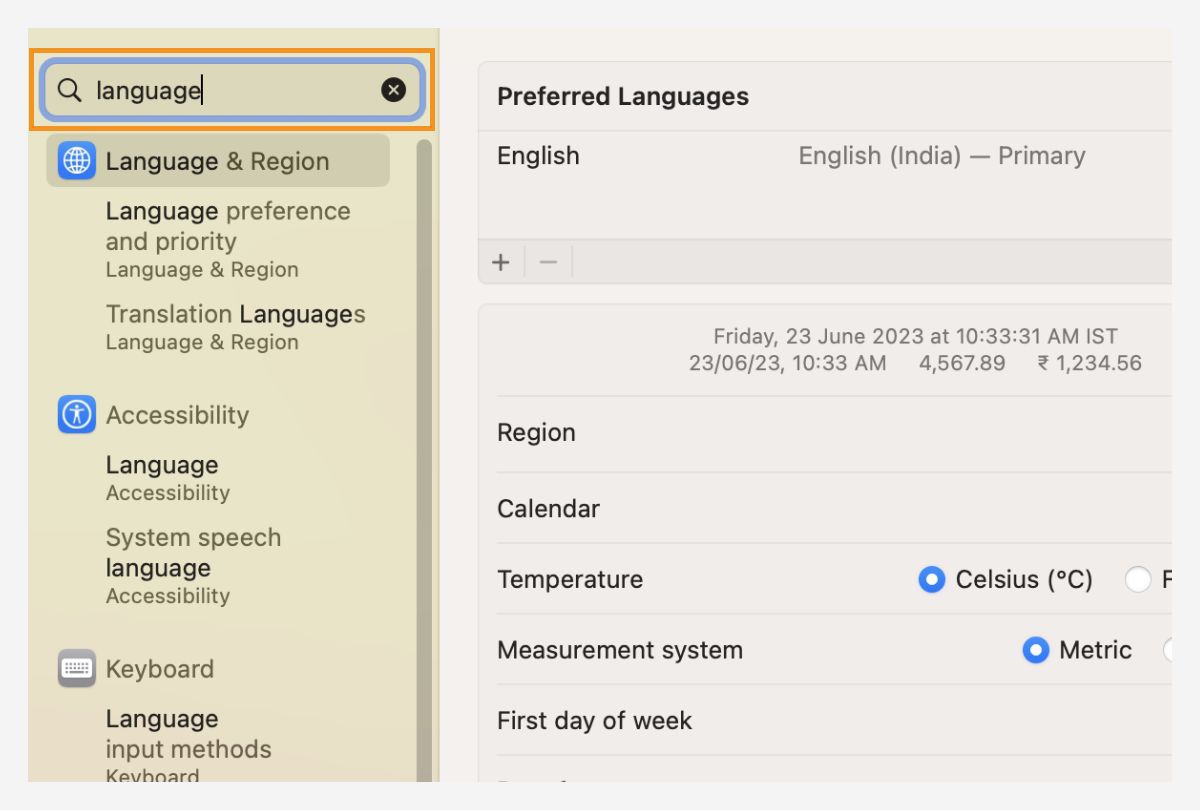 Ricerca della lingua preferita nella finestra di dialogo delle impostazioni di sistema macOS.