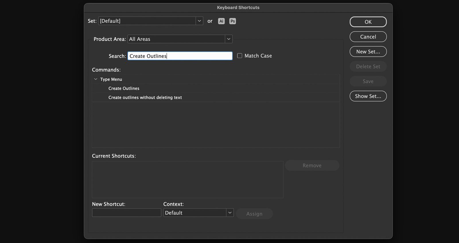  Keyboard Shortcuts dialog box showing Product Area, Search, Match Case, Commands, Current Shortcuts, New Shortcut, and Context fields.