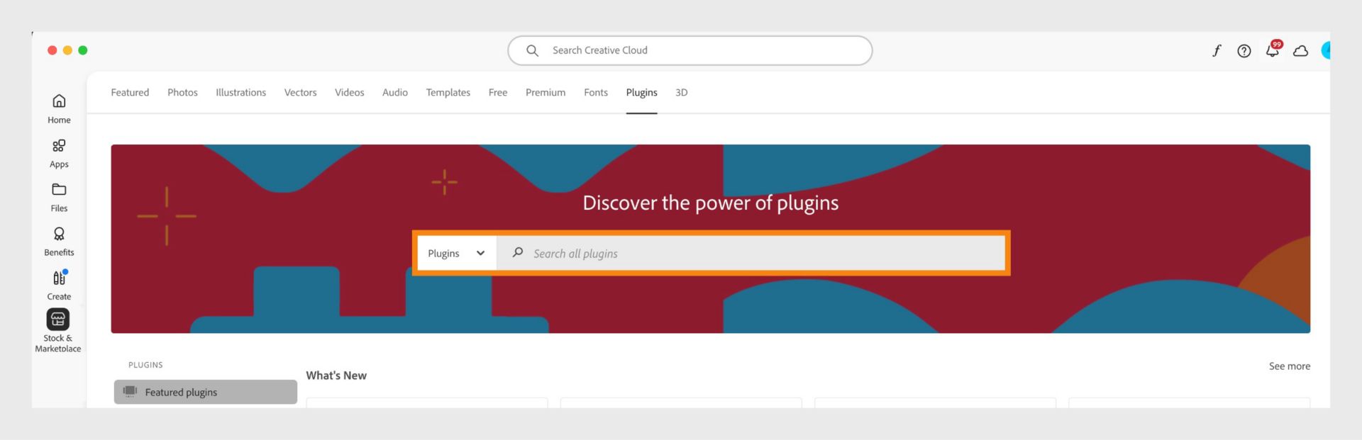 نافذة Stock & Marketplace التي تعرض شريط بحث وعلامات تبويب متعددة لفئات البحث مثل Images وPlugins.  