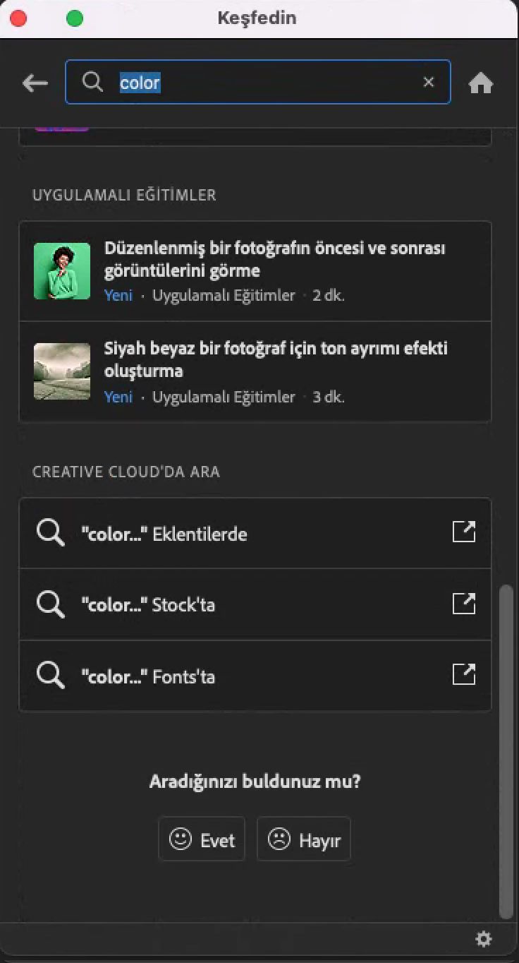 Keşfet panelinde tercihler