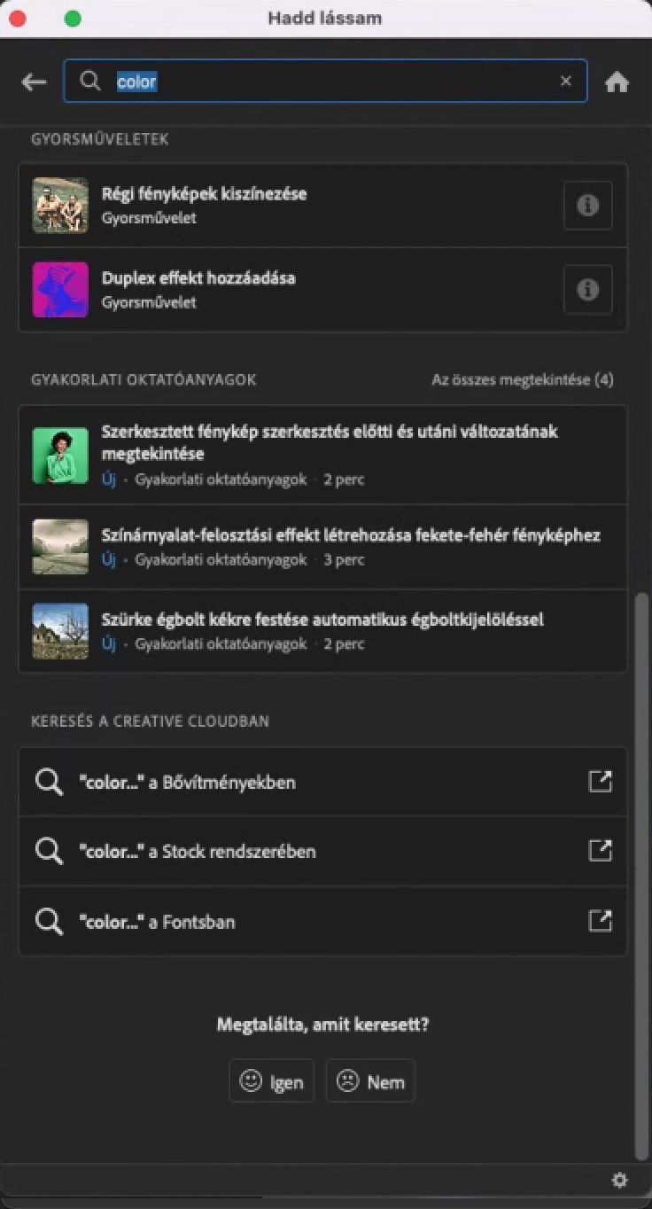 Beállítások a Felfedezés panelen