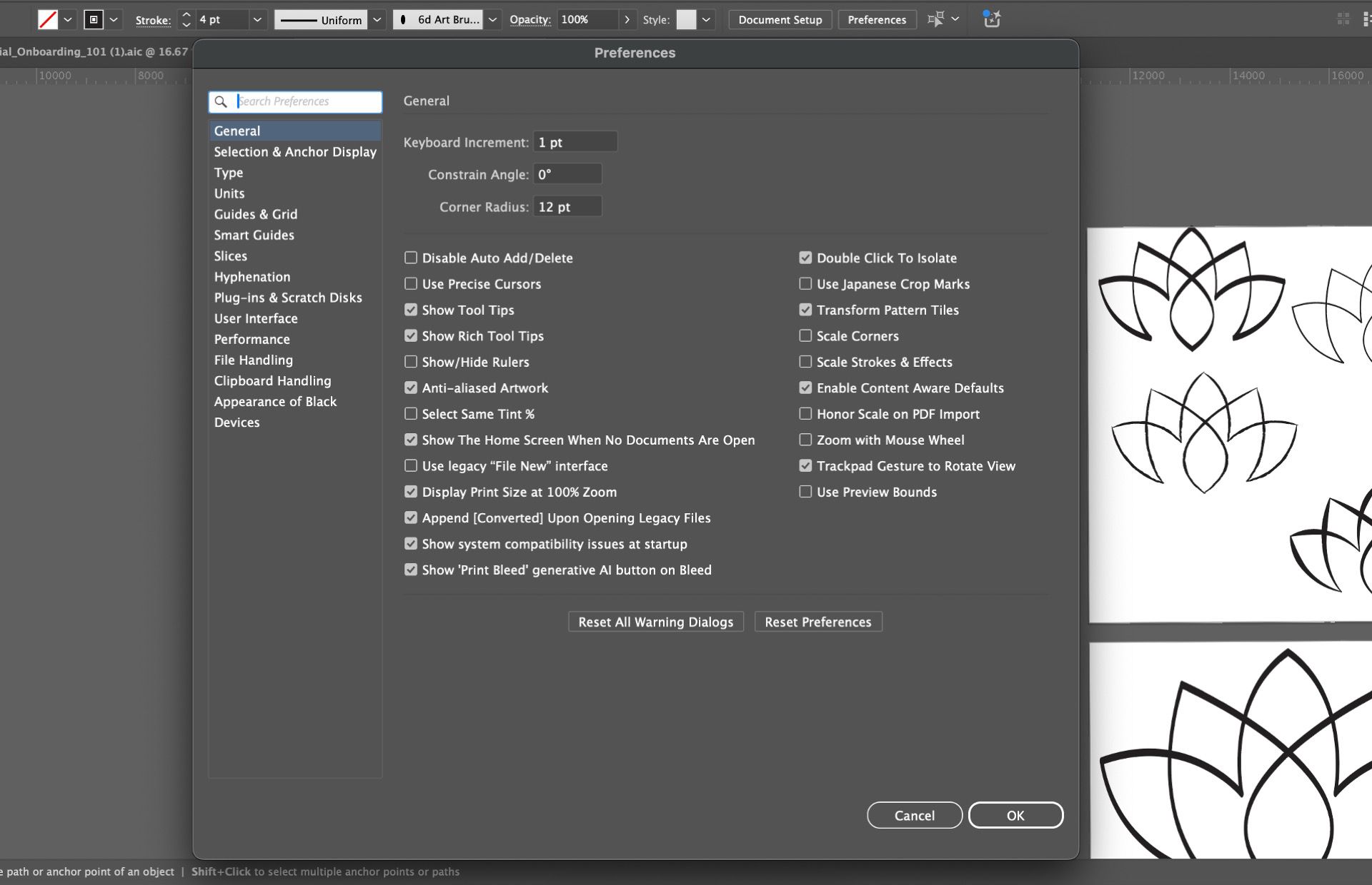 لوحة Preferences في برنامج Illustrator حيث يكون شريط اSearch Preferences نشطًا، ما يساعد المستخدمين على تحديد مكان إعدادات معينة مثل نصائح الأدوات وخيارات التكبير.