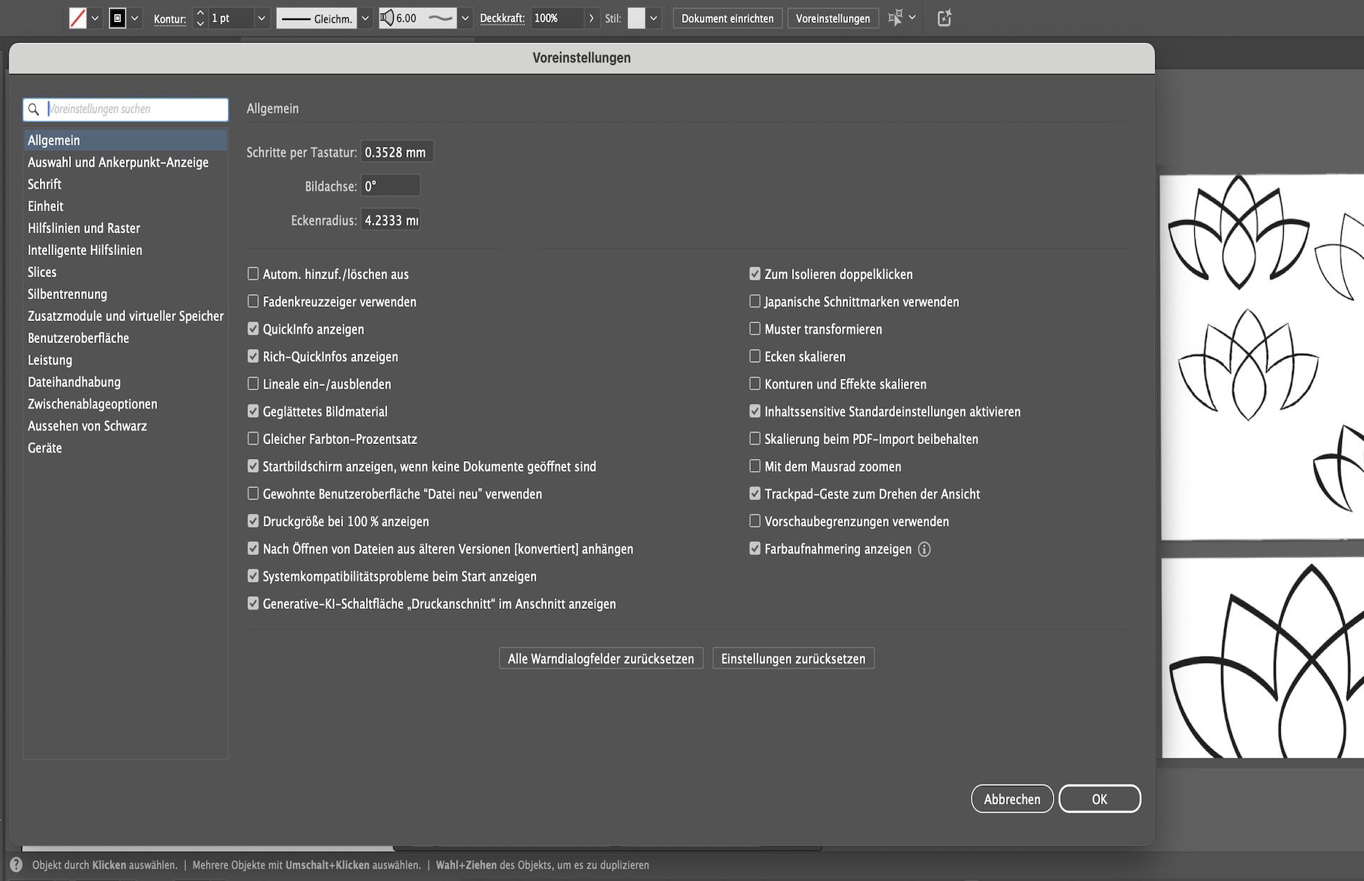 In Illustrator hilft das Bedienfeld „Voreinstellungen“ mit der aktiven Leiste „In den Voreinstellungen suchen“ Benutzern, spezifische Einstellungen wie QuickInfos und Zoomoptionen zu finden.
