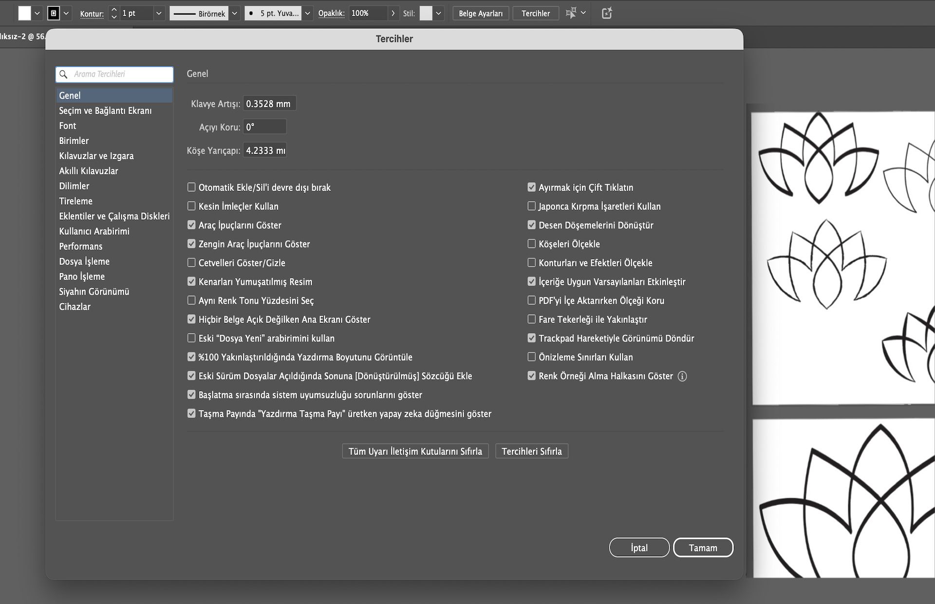 Illustrator'daki Tercihlerde Ara çubuğu etkin olan Tercihler paneli, kullanıcıların araç ipuçları ve yakınlaştırma seçenekleri gibi belirli ayarları bulmasına yardımcı olur.