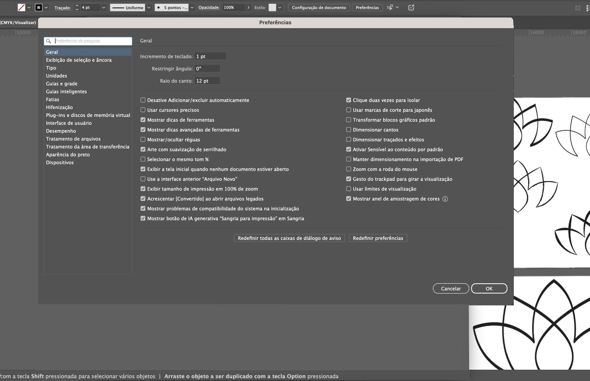 Painel de Preferências no Illustrator com a barra de Preferências de Pesquisa ativa, ajudando os usuários a localizar configurações específicas, como dicas de ferramentas e opções de zoom.