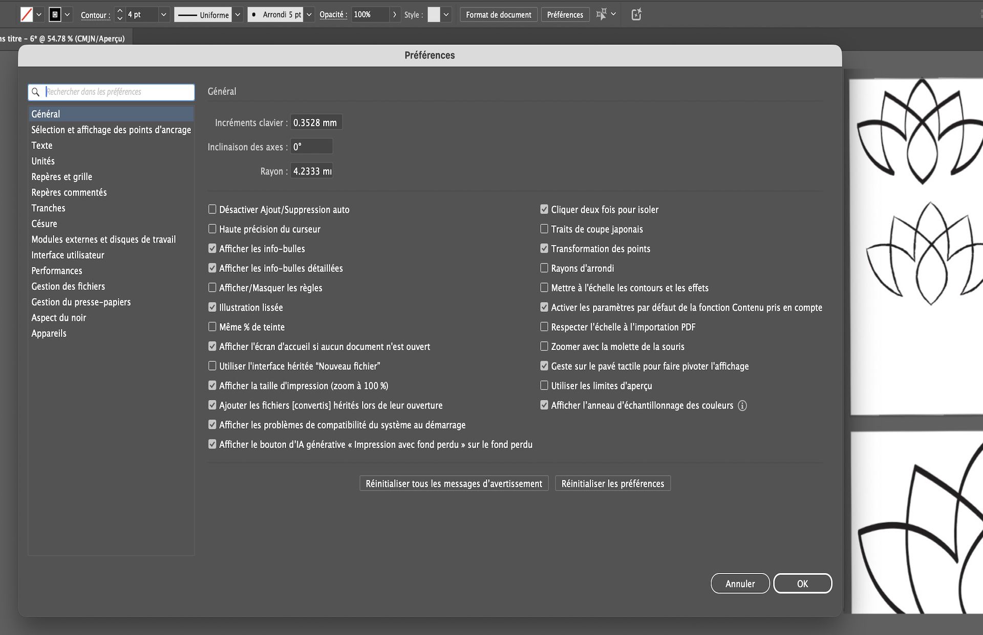 Panneau Préférences dans Illustrator avec la barre Rechercher dans les préférences active, aidant les utilisateurs à localiser des paramètres spécifiques comme les info-bulles et les options de zoom.