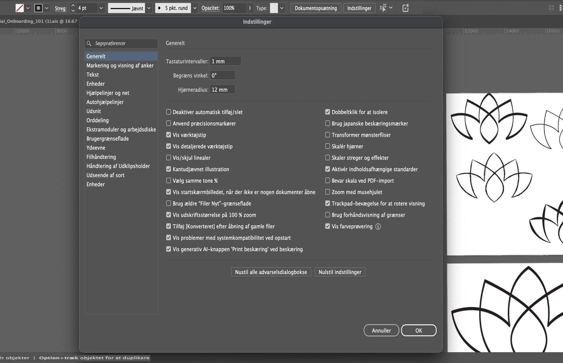 Præferencepanel i Illustrator med Søg i præferencer-linjen aktiv, som hjælper brugere med at finde specifikke indstillinger som værktøjstip og zoomindstillinger.