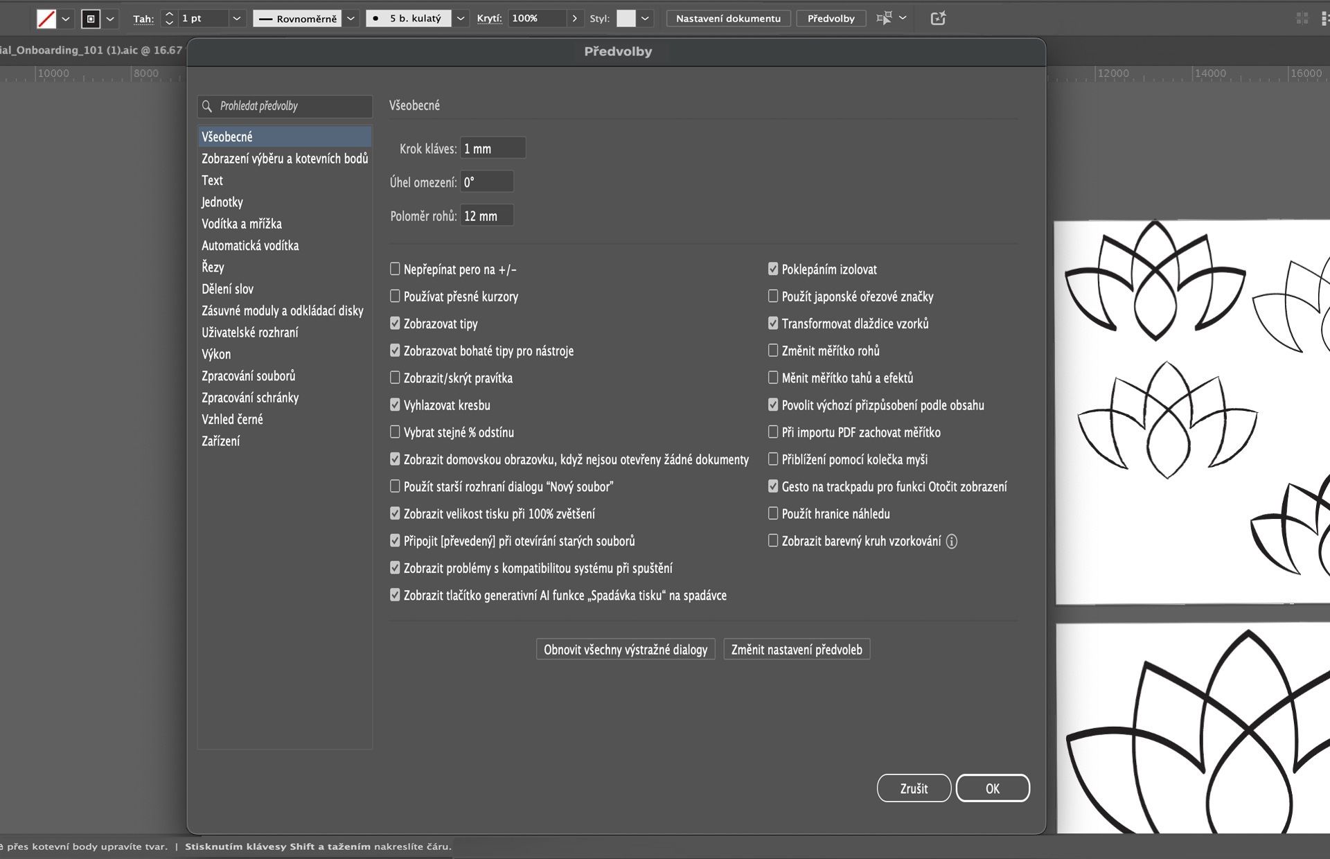 Panel Předvolby v aplikaci Illustrator s aktivním panelem Předvolby hledání pomáhá uživatelům vyhledat konkrétní nastavení, jako jsou tipy nástrojů a možnosti zvětšení.