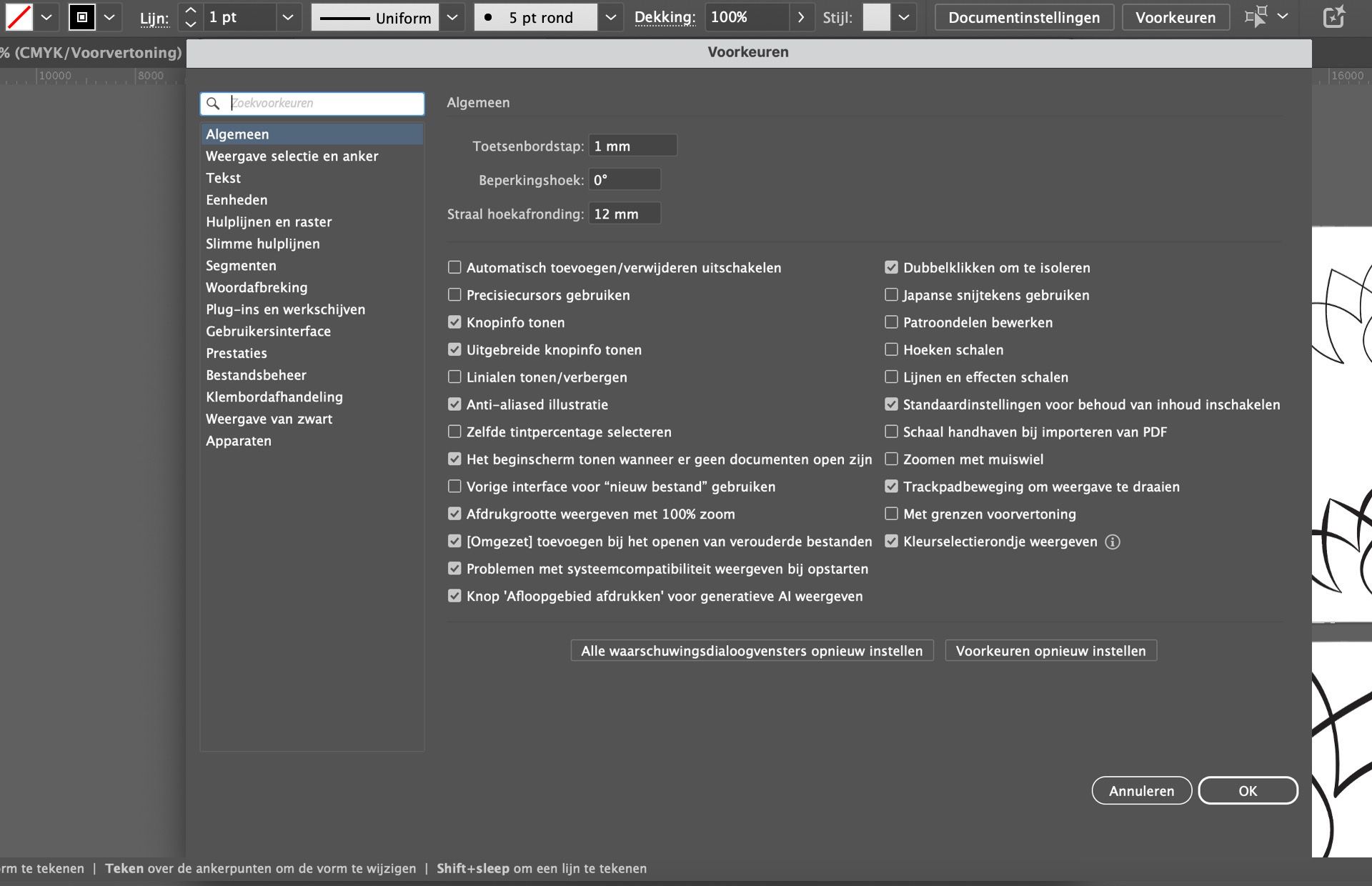Deelvenster Voorkeuren in illustrator met de actieve balk Voorkeuren zoeken, waarmee gebruikers specifieke instellingen zoals tooltips en zoomopties kunnen vinden.