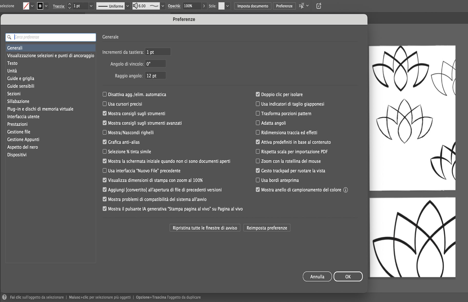 Pannello Preferenze in Illustrator con attiva la barra Cerca preferenze, che aiuta gli utenti a individuare impostazioni specifiche come suggerimenti e opzioni di zoom.