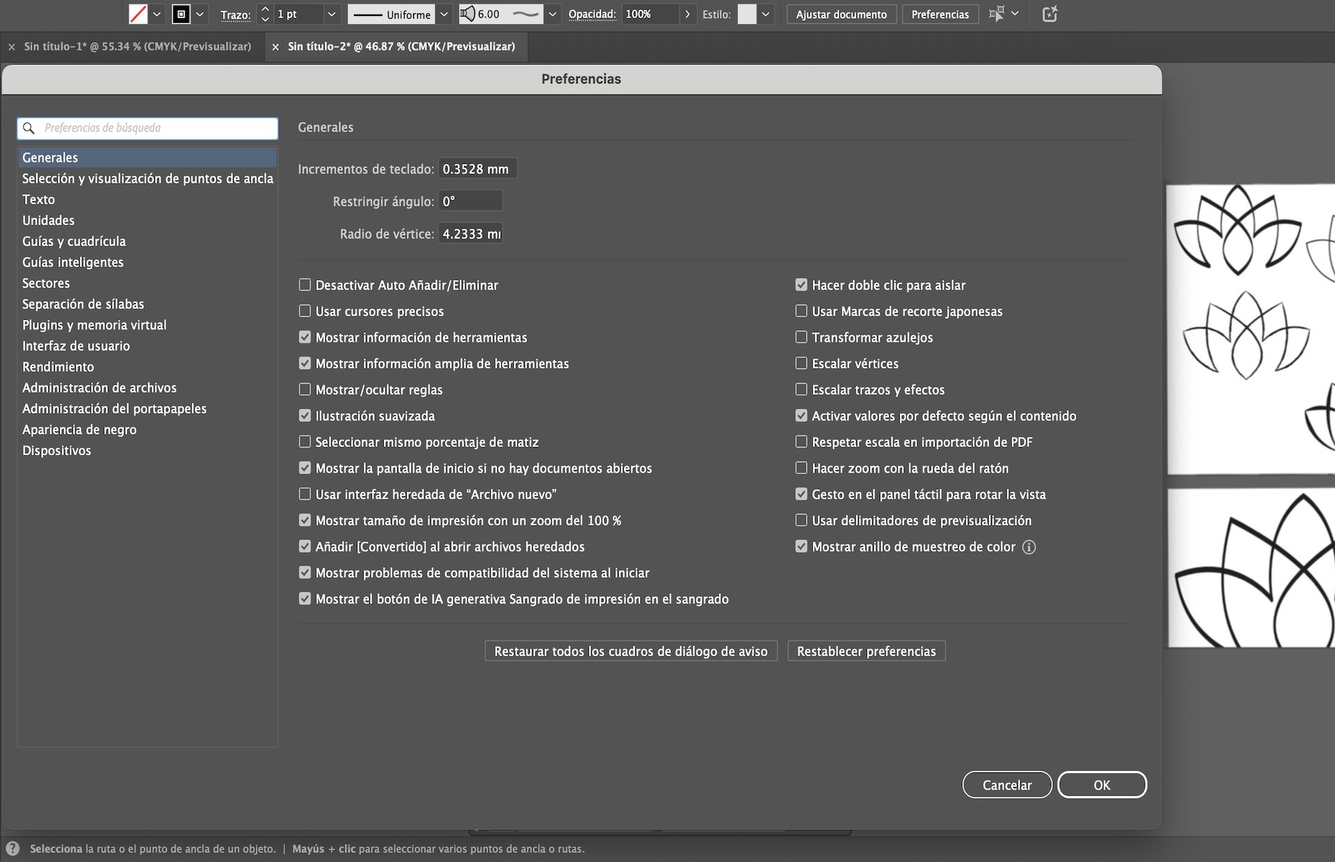 Panel Preferencias en Illustrator con la barra Buscar preferencias activa, que ayuda a los usuarios a localizar configuraciones específicas como información sobre herramientas y opciones de zoom.
