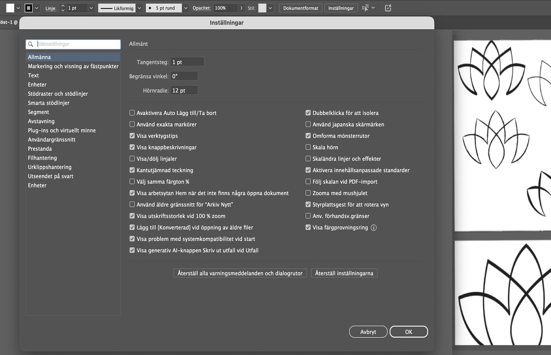 Panelen Inställningar i Illustrator med fältet Sök bland inställningar aktivt, vilket hjälper användare att hitta specifika inställningar som verktygstips och zoomalternativ.