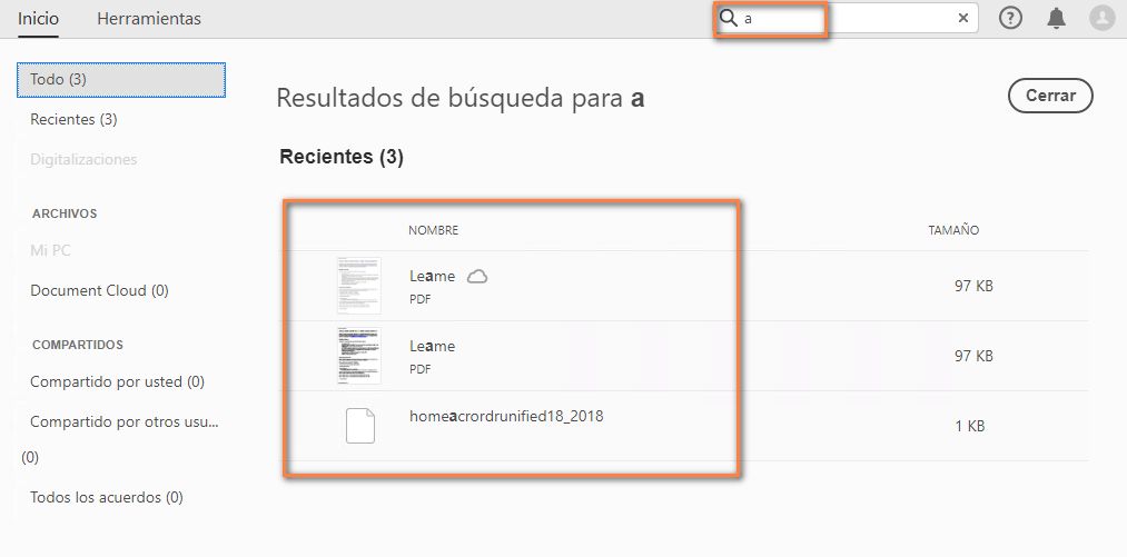 Para los archivos de Document Cloud, los resultados de la búsqueda incluyen contenido y nombres de archivo