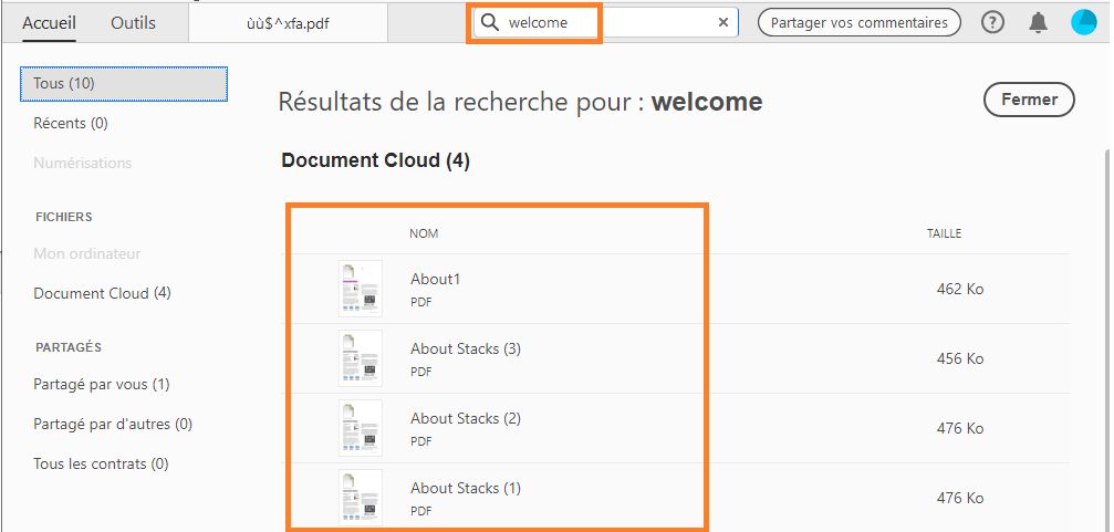 Pour les fichiers Document Cloud, les résultats de la recherche incluent le contenu et les noms de fichier.
