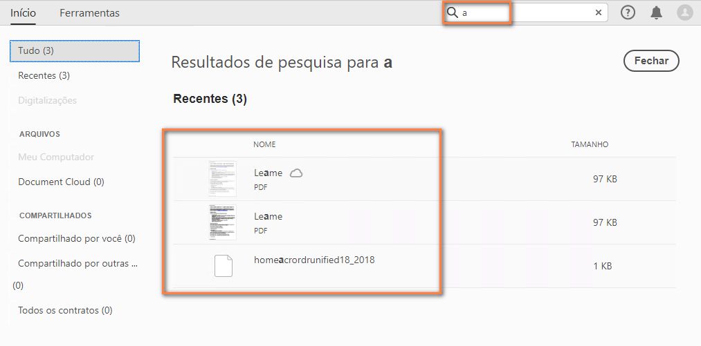 Para arquivos da Document Cloud, os resultados da pesquisa incluem o conteúdo e os nomes de arquivo
