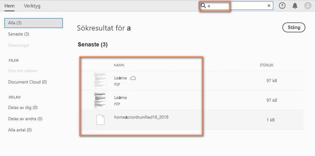Sökresultaten inkluderar både innehåll och filnamn för Document Cloud-filer