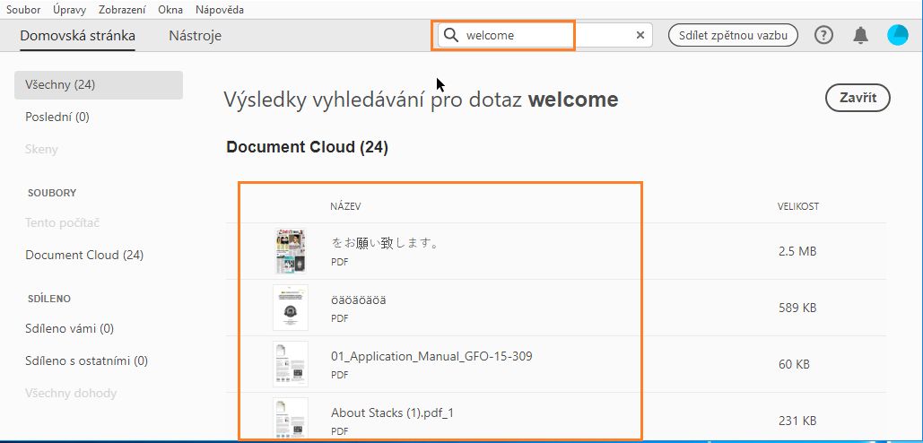 U souborů Document Cloud obsahují výsledky hledání obsah a názvy souborů