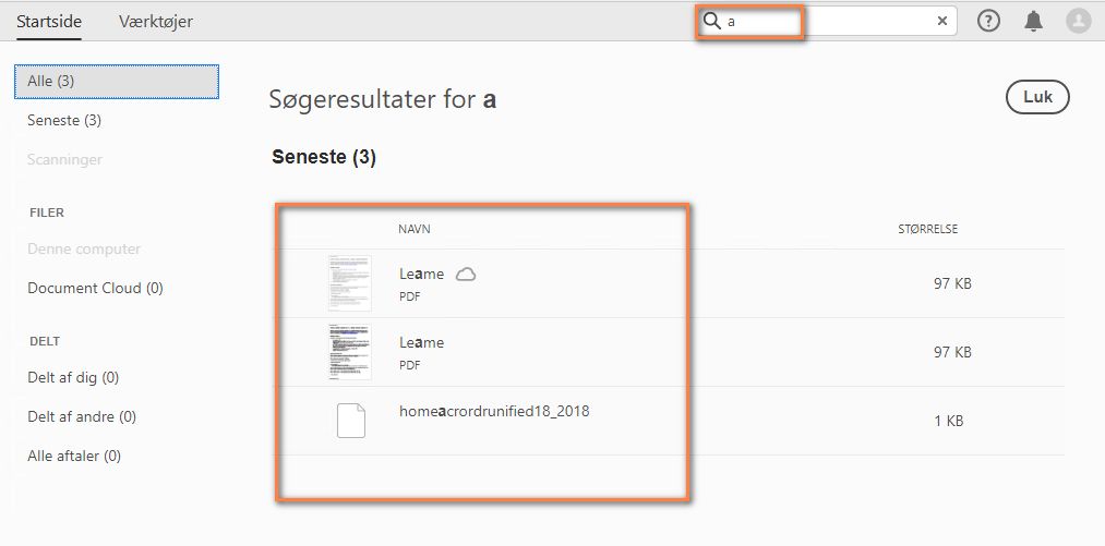 For Document Cloud-filer indeholder søgeresultater indhold og filnavnene.