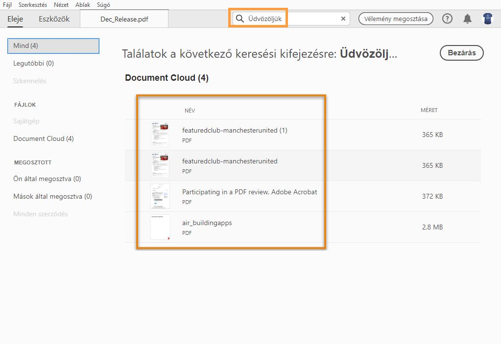 A Document Cloud-ban tárolt fájloknál a keresési eredmények között a tartalom és fájlnevek is megtalálhatók