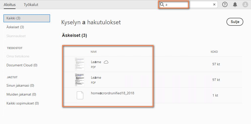 Document Cloud -tiedostojen tapauksessa hakutuloksiin sisältyvät sisällöt ja tiedostonimet.