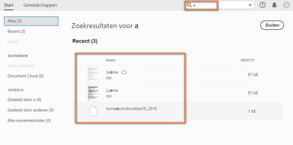 Voor Document Cloud-bestanden zijn de zoekresultaten inclusief inhoud en de bestandsnamen