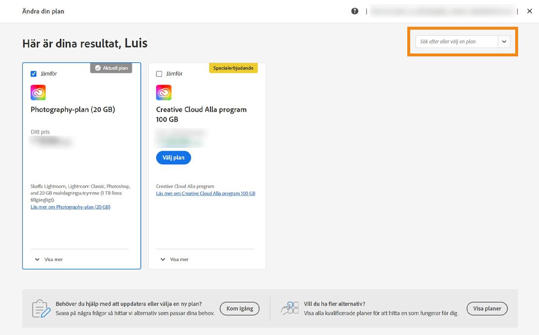 Sök eller välj den plan som passar dig bäst