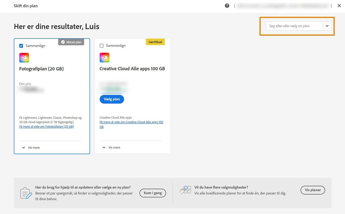 Søg efter eller vælg en plan, der passer bedst til dig