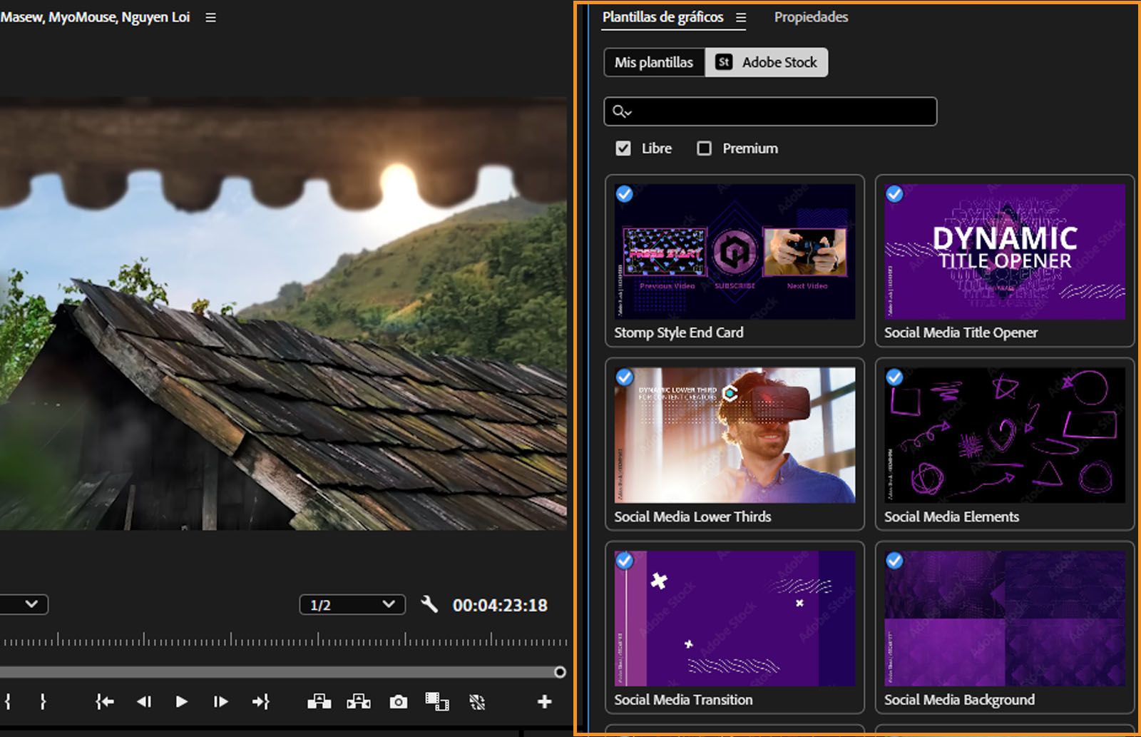 Se abre el panel de plantillas de gráficos que muestra varias plantillas de gráficos animados de Adobe Stock que puede utilizar en sus proyectos.