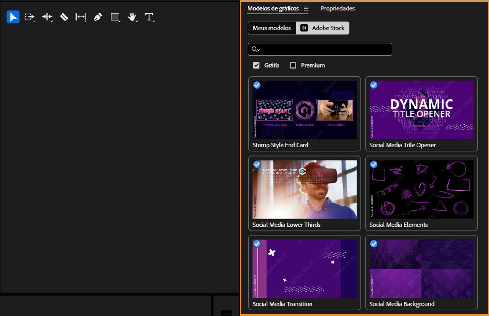 O painel “Modelos de animações” aberto, mostrando vários modelos de animações do Adobe Stock que você pode usar nos seus projetos.