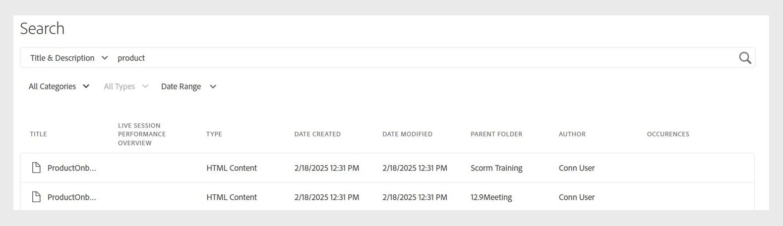 The Search field in the upper-right corner of the Adobe Connect Central homepage lets you quickly find what you need. Use keywords to search across meetings, recordings, courses, presentations, events, and other shared content.