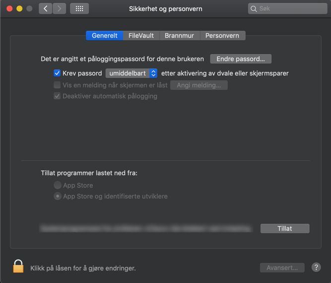 Dialog med sikkerhetsinnstillinger