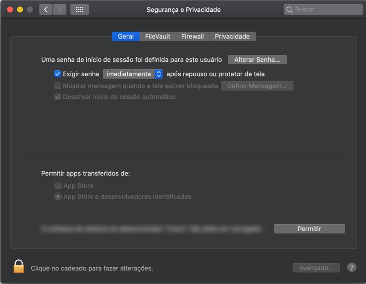 Caixa de diálogo Preferências de segurança