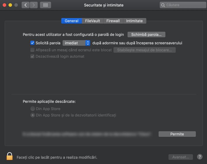 Dialog de preferințe de securitate