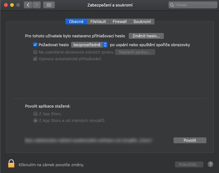 Dialogové okno Předvolby zabezpečení