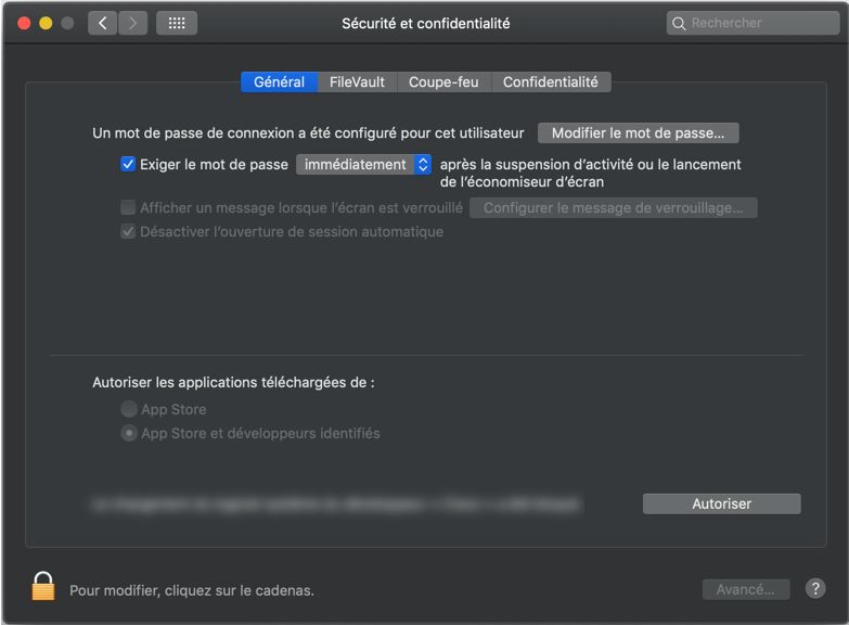 Boîte de dialogue Préférences de sécurité