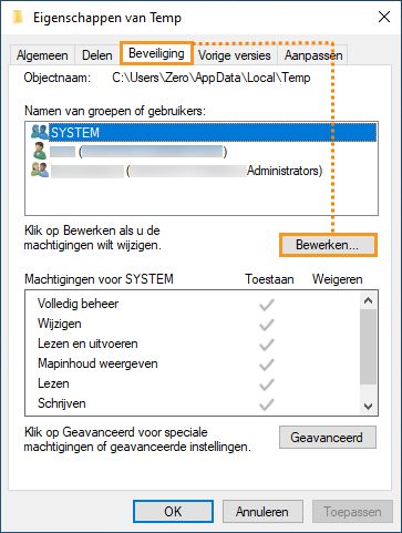 Tabblad Beveiliging in Windows