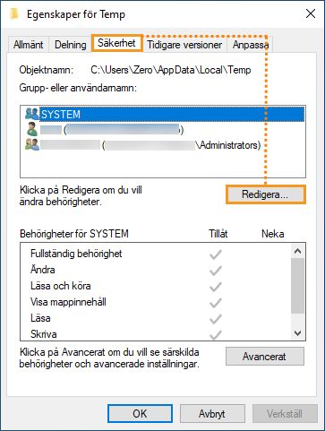 Fliken Säkerhet i Windows
