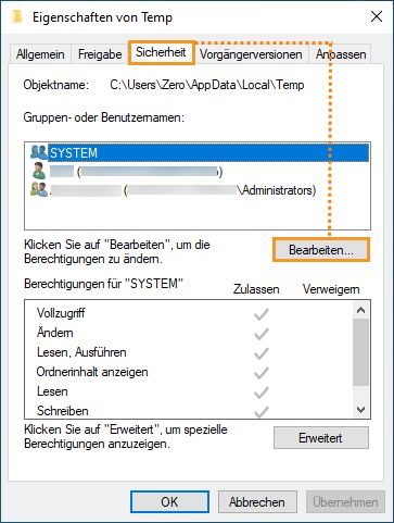 Die Registerkarte „Sicherheit“ unter Windows