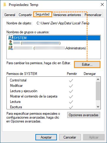 Pestaña Seguridad en Windows