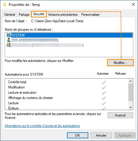 Onglet Sécurité sous Windows