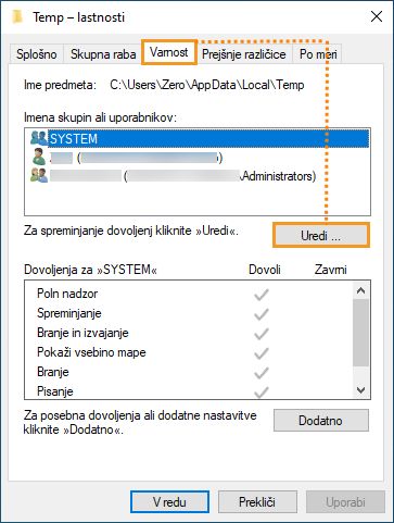 Zavihek Varnost v operacijskem sistemu Windows