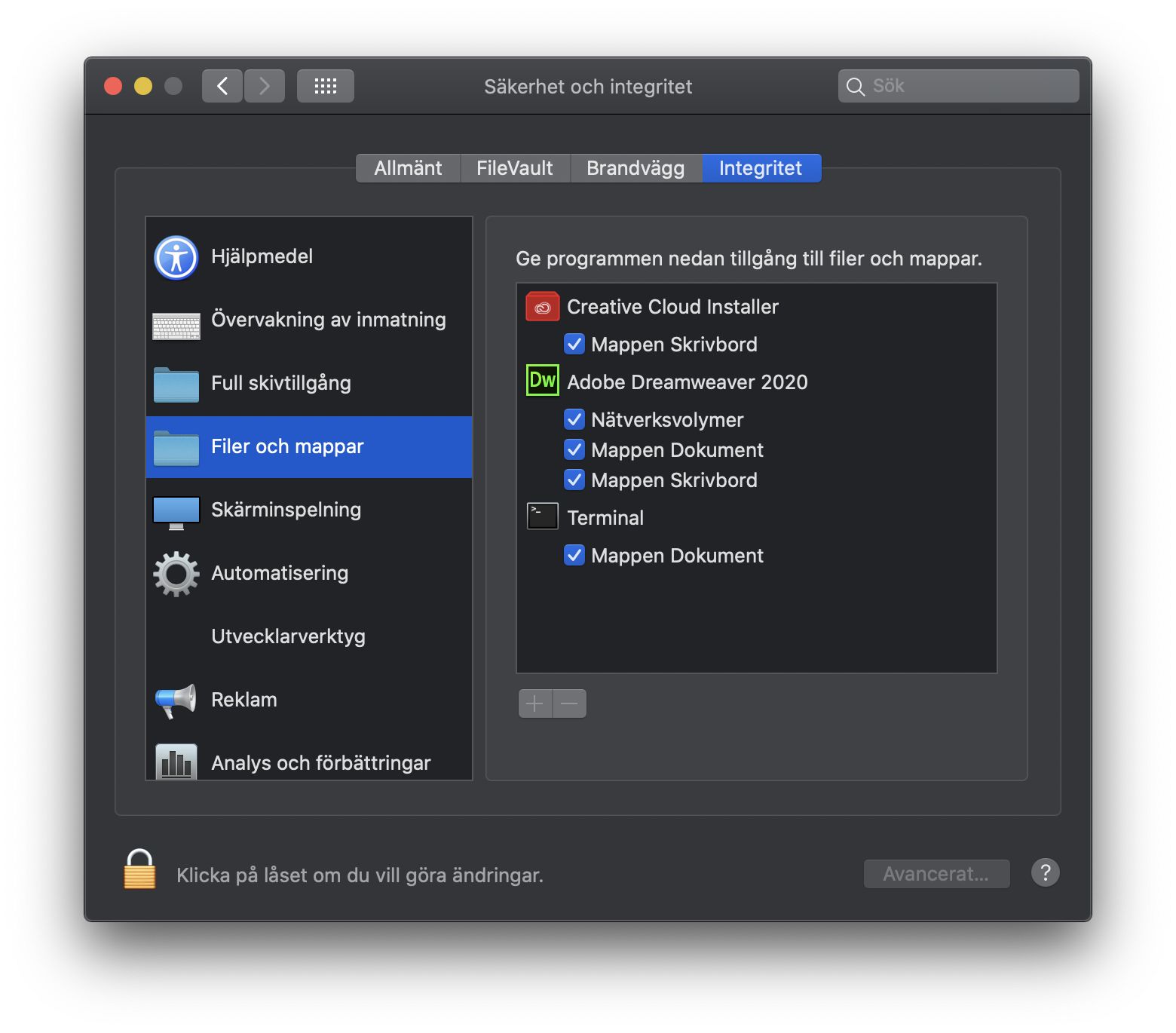 Dialogrutan Säkerhet och integritet för åtkomst till filer och mappar