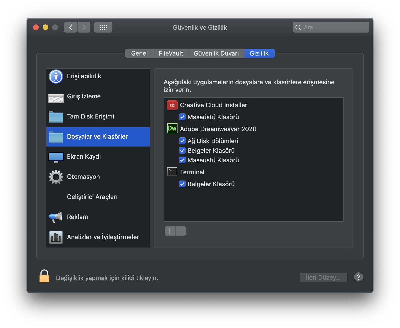 Dosya ve Klasörlere erişmek için Güvenlik ve Gizlilik iletişim kutusu