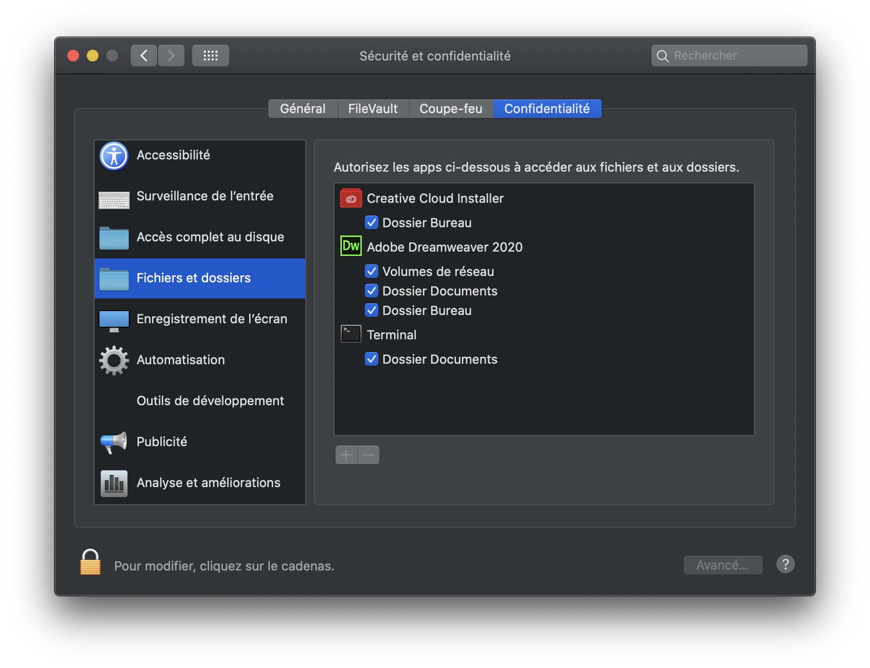Boîte de dialogue Sécurité et confidentialité pour autoriser l’accès à Fichiers et dossiers