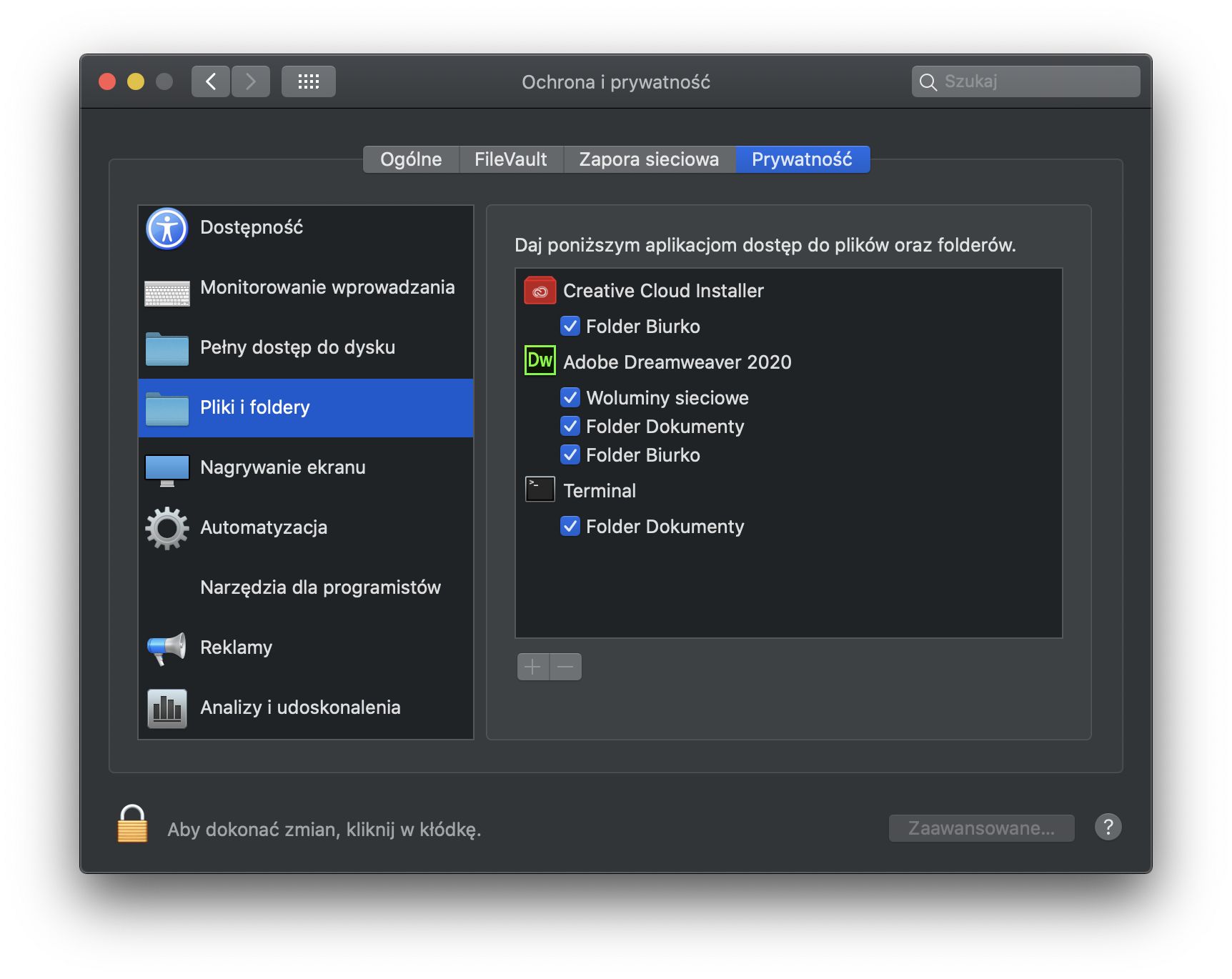 Okno dialogowe Zabezpieczeń i ochrony prywatności dla uzyskania dostępu do Plików i folderów