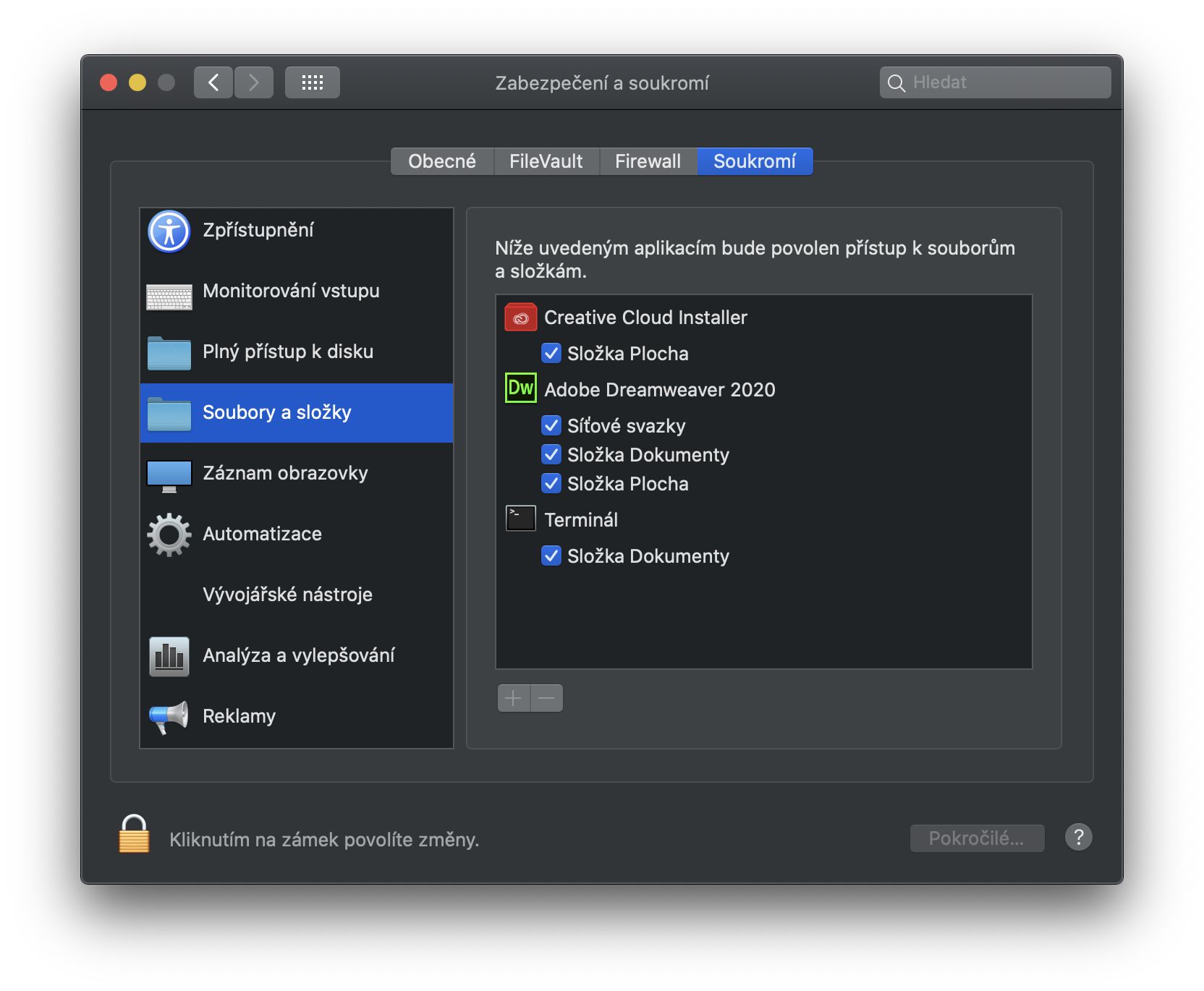 Dialogové okno Zabezpečení a soukromí umožňující přístup k souborům a složkám